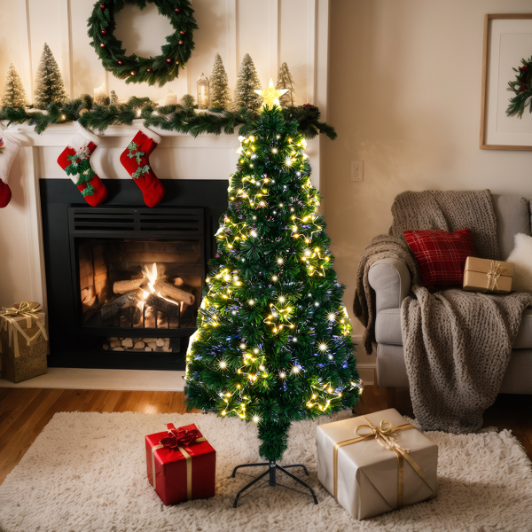 6ft   绿色 光纤 36灯 暖光 七彩8模式    230枝头 带星星配饰  顶部带星星   PVC 圣诞树 英规-3