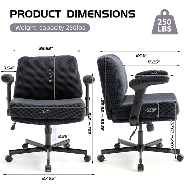 带轮子和翻转臂的舒适的织物交叉腿办公椅，带厚垫和宽座，可调节的旋转办公椅，适用于家庭办公室、公寓、卧室，黑色-3