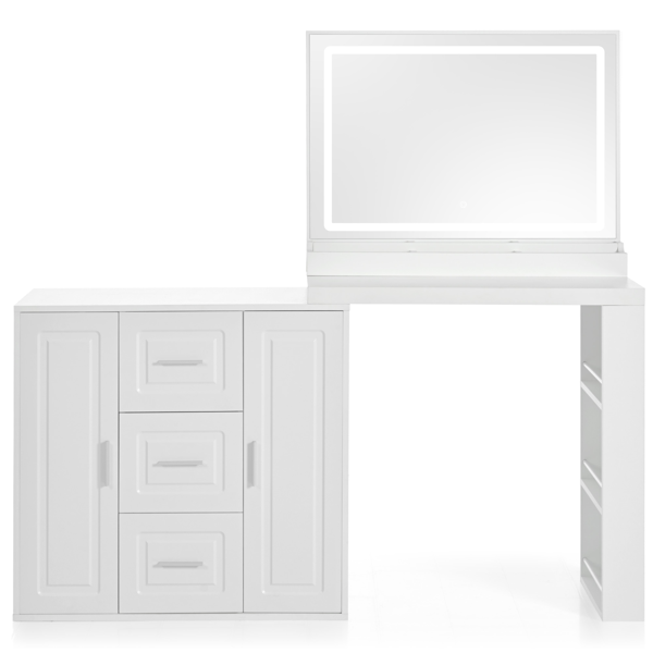 59 英寸化妆梳妆台带镜子，梳妆镜带灯，梳妆台带 3 个抽屉和 2 个柜子，梳妆台带储物架，适用于卧室，白色-2