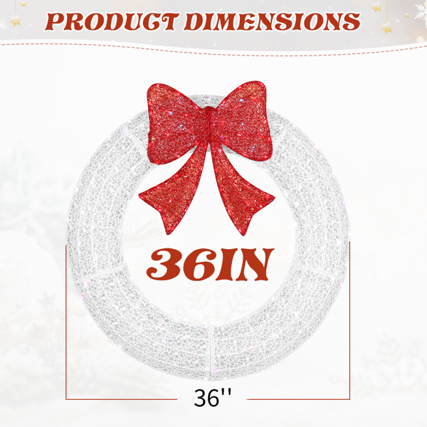 36in 白色 花环带蝴蝶结  175L皮线灯 RGB加红光 带遥控带定时 圣诞灯饰花环 5V 6W 美规-9