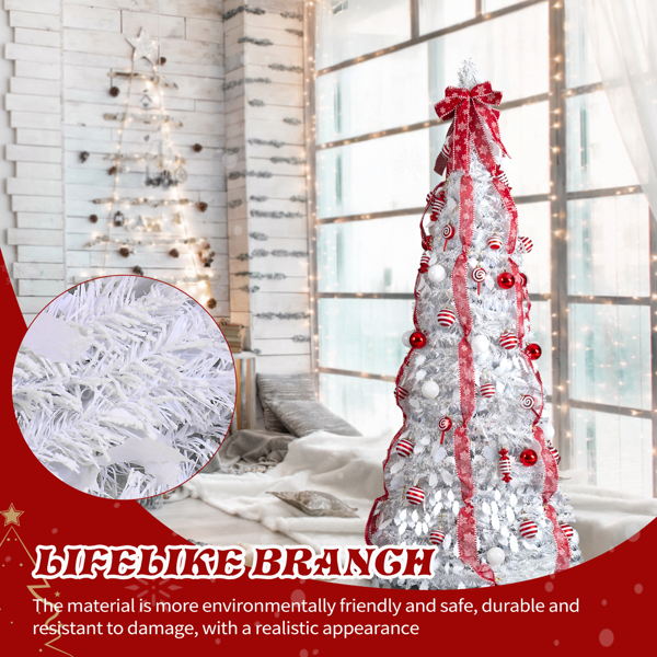 6ft 白色 伸缩圣诞树 PVC 100暖白灯8模式 带红白色配饰 圣诞树 30V 3.6W 英规-5