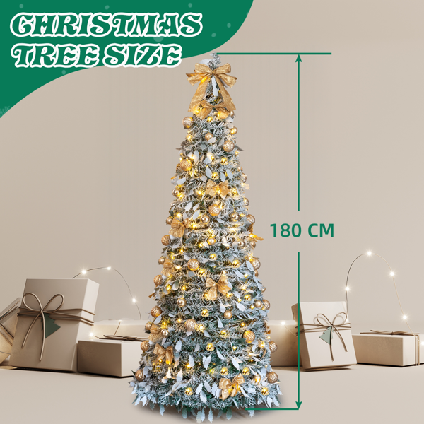 6ft 绿色植绒 伸缩圣诞树 PVC 100暖白灯8模式 带金色配饰 圣诞树 30V 3.6W 英规-4
