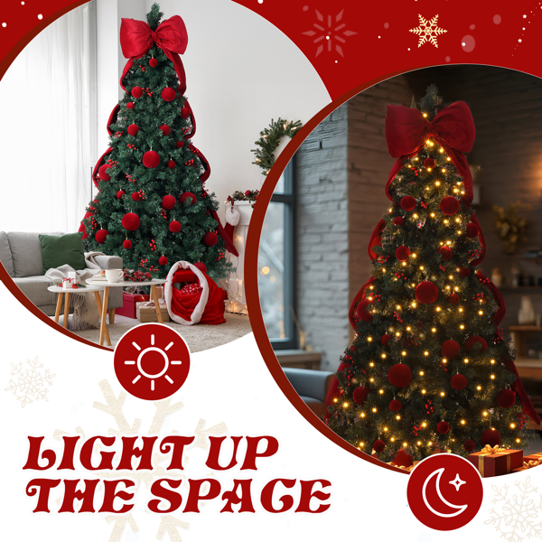 7.5ft  深绿色  带大蝴蝶结红球配饰 圣诞树 DIY 300LED暖白8模式 带遥控 1600枝头 自动树 落地款 PVC 圣诞树 30V 6W 美规-9