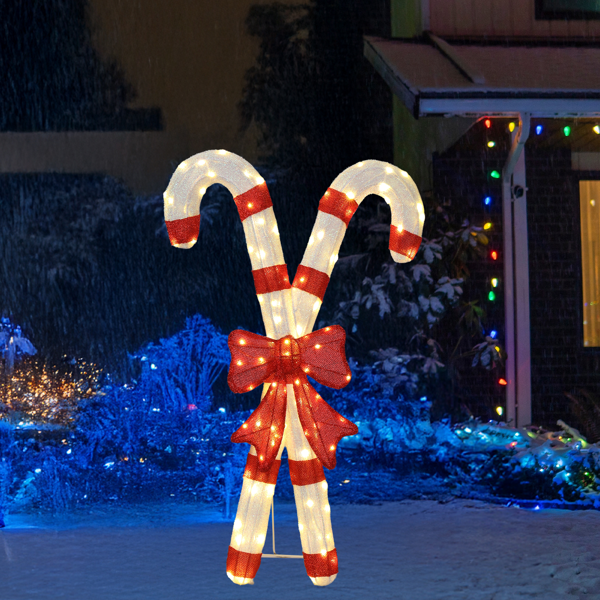 33in 白加红色 2D 拐杖糖带蝴蝶结 葱布 100L暖白皮线灯 圣诞灯饰经典元素 4.5V 3.6W 美规-15