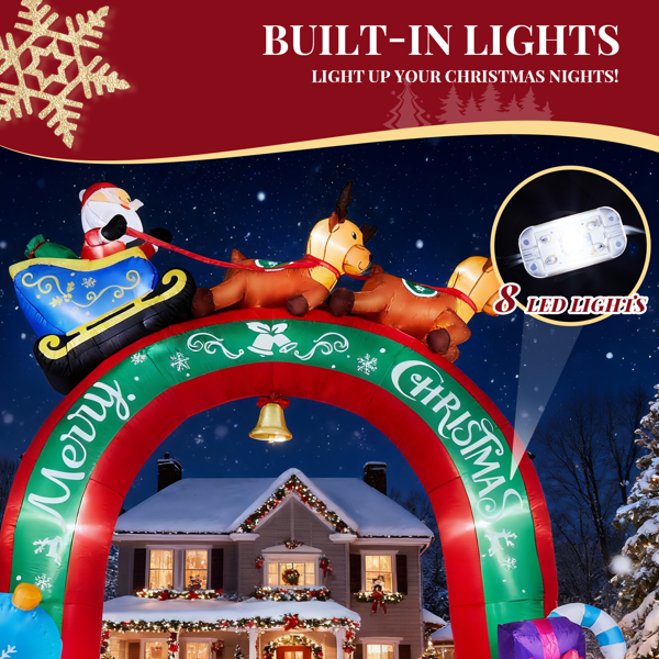 10FT 双鹿拉车礼物盒拱门  9颗暖白LED 190D涤纶  圣诞充气拱门 12V 12V,3000mA 美规-9