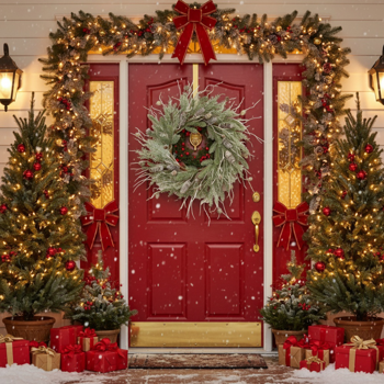 24英寸圣诞松花环松果和绿色节日门装饰，预点燃或自然风格，用于节日家居装饰FBA发货