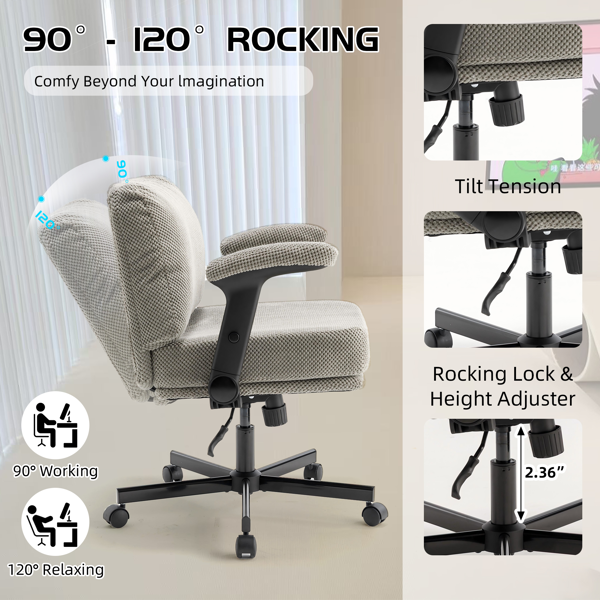 带轮子和翻转臂的舒适的织物交叉腿办公椅，带厚垫和宽座，可调节的旋转办公椅，适用于家庭办公室、公寓、卧室，绿色-5