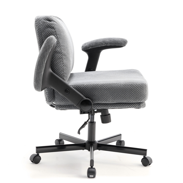 带轮子和翻转臂的舒适的织物交叉腿办公椅，带厚垫和宽座，可调节的旋转办公椅，适用于家庭办公室、公寓、卧室，灰色-7