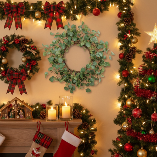 23.6英寸圣诞桉树花环绿色门花环假叶花环婚礼家前门装饰FBA发货-3