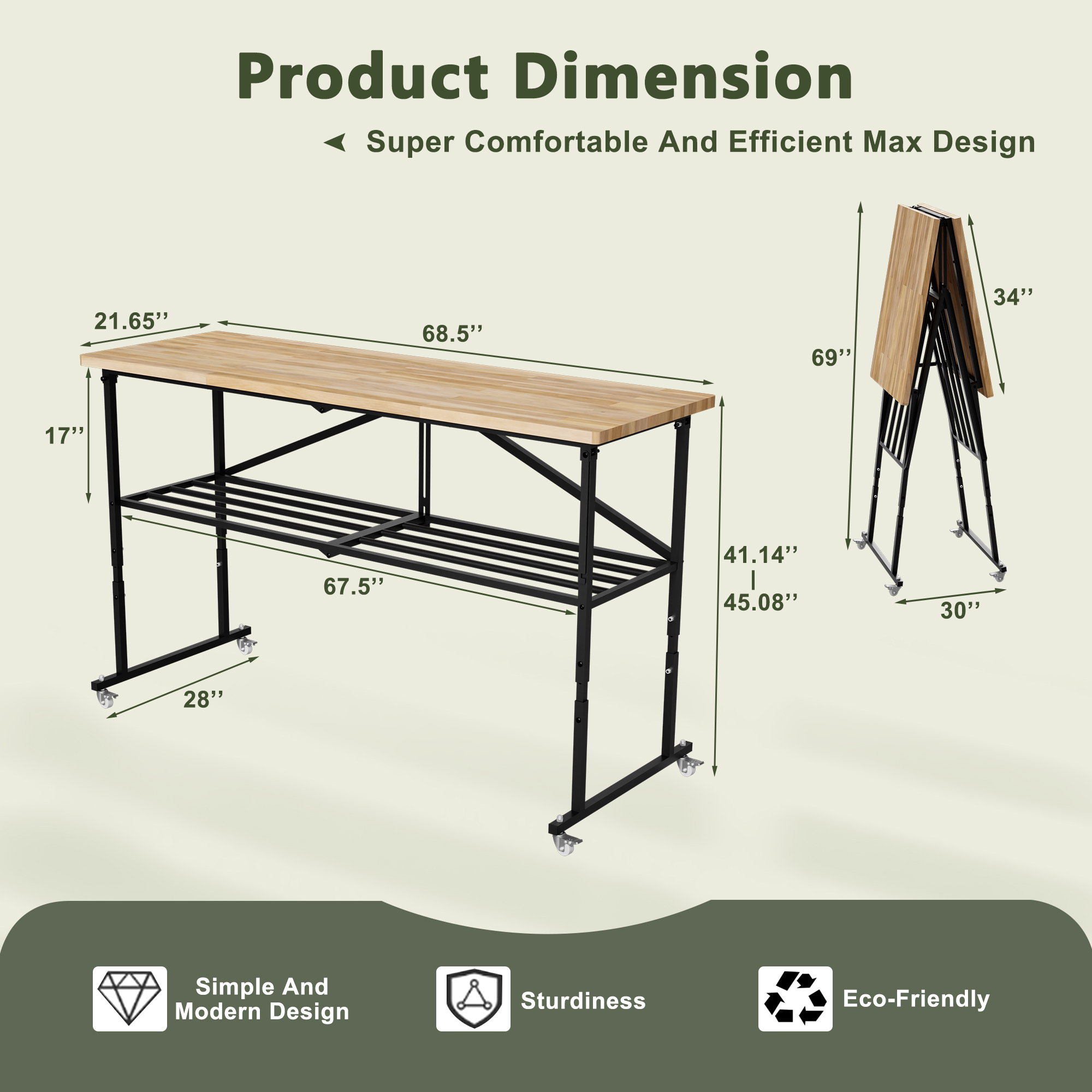 Foldable Hardwood Workbench Adjustable Wood-Top Utility Table with Locking Casters view 2