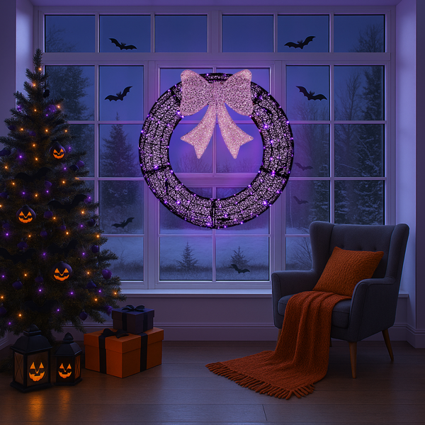 36in 黑色 花环带蝴蝶结  175L皮线灯 紫色加橙色光 带遥控带定时 圣诞灯饰花环 30V 3.6W 美规-11