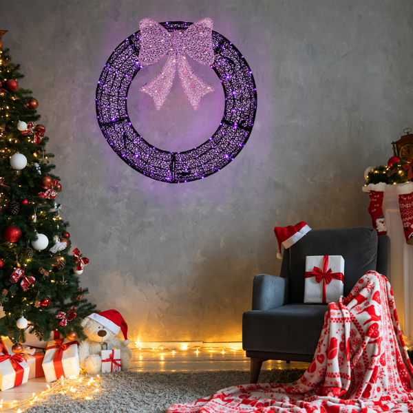 36in 黑色 花环带蝴蝶结  175L皮线灯 紫色加橙色光 带遥控带定时 圣诞灯饰花环 30V 3.6W 美规-10