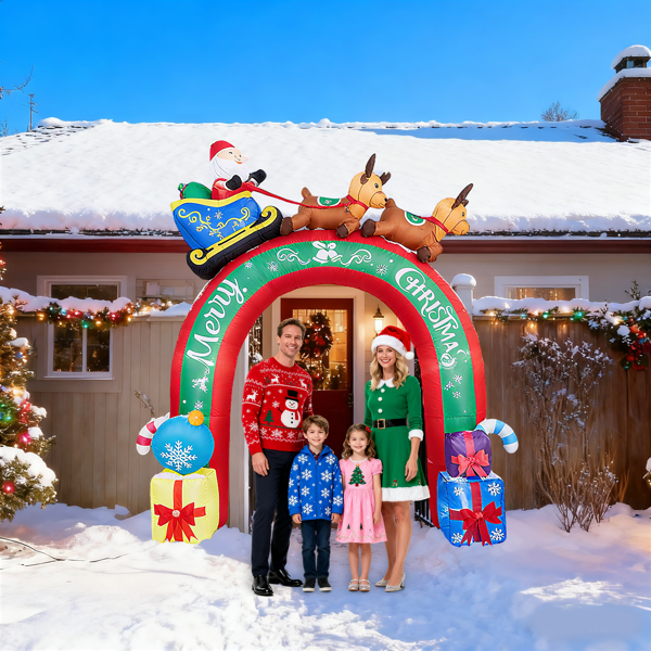 10FT 双鹿拉车礼物盒拱门  9颗暖白LED 190D涤纶  圣诞充气拱门 12V 12V,3000mA 美规-8