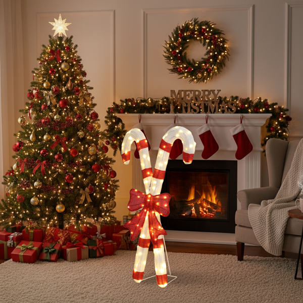 33in 白加红色 2D 拐杖糖带蝴蝶结 葱布 100L暖白皮线灯 圣诞灯饰经典元素 4.5V 3.6W 美规-12