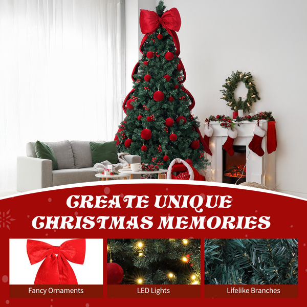 7.5ft  深绿色  带大蝴蝶结红球配饰 圣诞树 DIY 300LED暖白8模式 带遥控 1600枝头 自动树 落地款 PVC 圣诞树 30V 6W 美规-5
