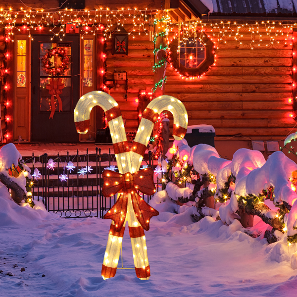 33in 白加红色 2D 拐杖糖带蝴蝶结 葱布 100L暖白皮线灯 圣诞灯饰经典元素 4.5V 3.6W 美规-14