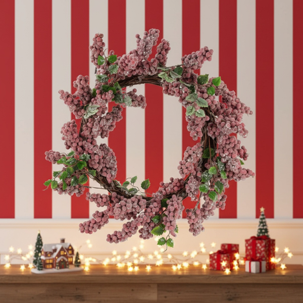 圣诞松果花环18x18x4.5“永恒的红色磨砂墙挂浆果戒指节日门装饰FBA发货-12