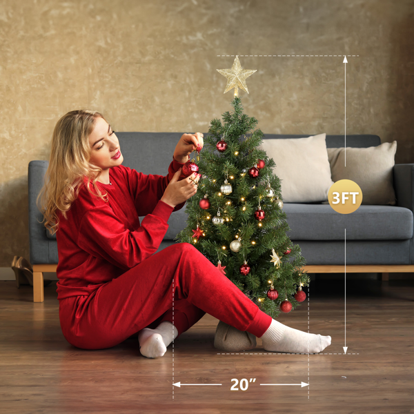 3ft 绿色 100灯暖色8模式电池款开关 150枝头 顶部带星星 麻布底座 PVC材质 圣诞树 S101-8