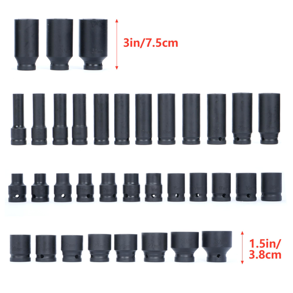 35PC 1/2英寸冲击套筒套件6点公制尺寸8-32mm，驱动深主轴螺母冲击套筒套件，带便携式外壳，红色（周末不发货，禁售亚马逊）-3