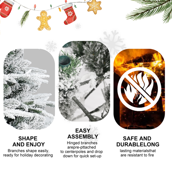 人造7.5英尺植绒圣诞树，3135 PE/PVC混合枝尖，650棵暖白LED灯，钢丝+铁线，优质铰链和可折叠底座圣诞节装饰-4