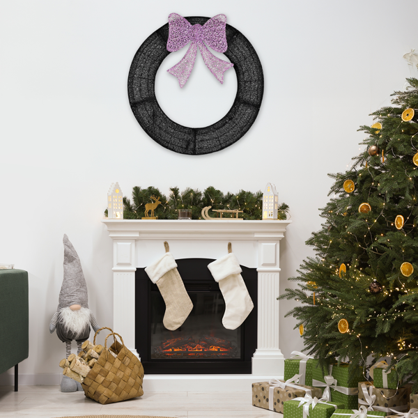 36in 黑色 花环带蝴蝶结  175L皮线灯 紫色加橙色光 带遥控带定时 圣诞灯饰花环 30V 3.6W 美规-6