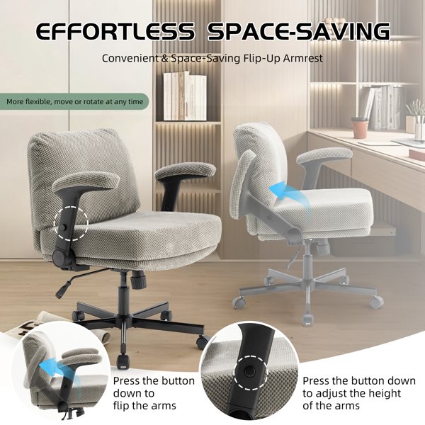 带轮子和翻转臂的舒适的织物交叉腿办公椅，带厚垫和宽座，可调节的旋转办公椅，适用于家庭办公室、公寓、卧室，绿色-6