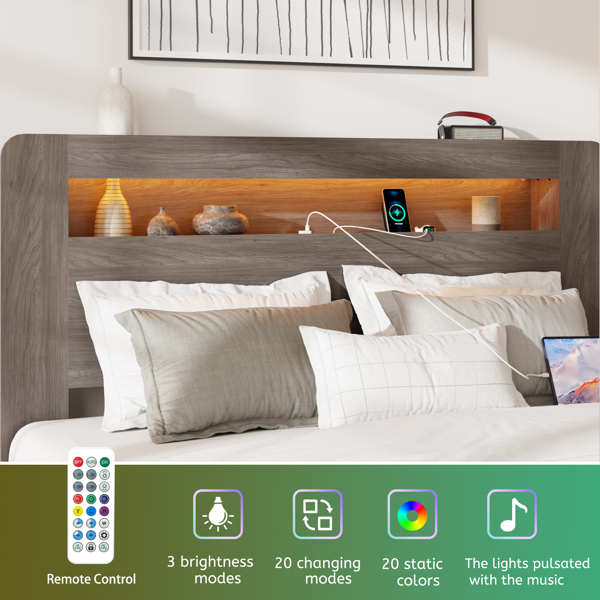 大号床架，木质平台床架，带储物 LED 灯床头板和 2 个 USB，无噪音，无需弹簧床垫，易于组装工具，床下储物空间大，深灰色-3