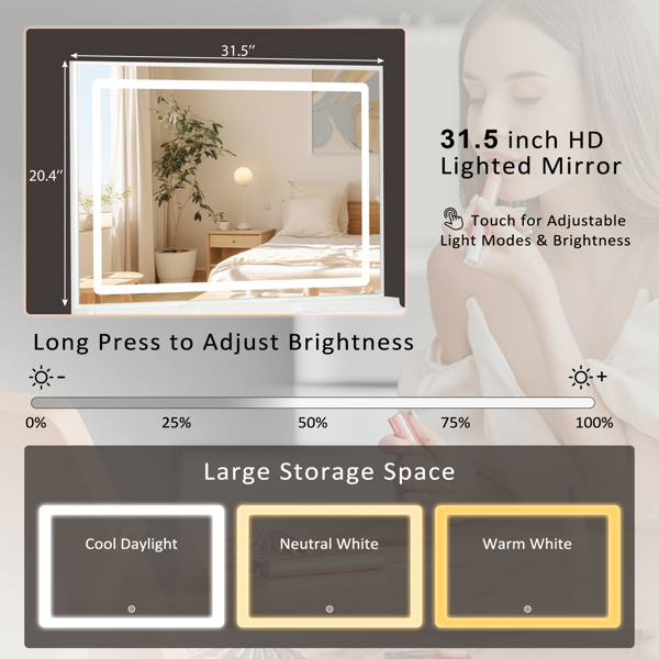 59 英寸化妆梳妆台带镜子，梳妆镜带灯，梳妆台带 3 个抽屉和 2 个柜子，梳妆台带储物架，适用于卧室，白色-6