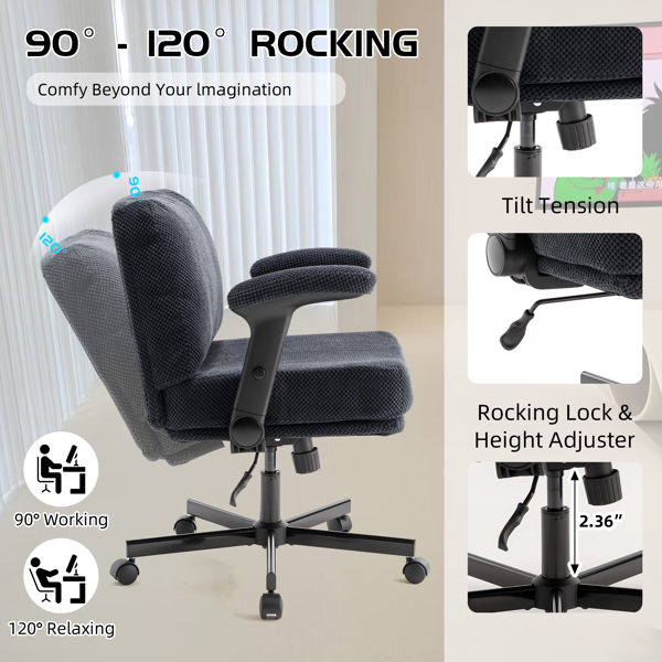 带轮子和翻转臂的舒适的织物交叉腿办公椅，带厚垫和宽座，可调节的旋转办公椅，适用于家庭办公室、公寓、卧室，黑色-5