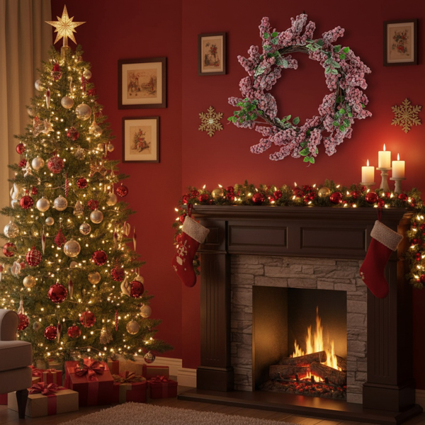 圣诞松果花环18x18x4.5“永恒的红色磨砂墙挂浆果戒指节日门装饰FBA发货-16