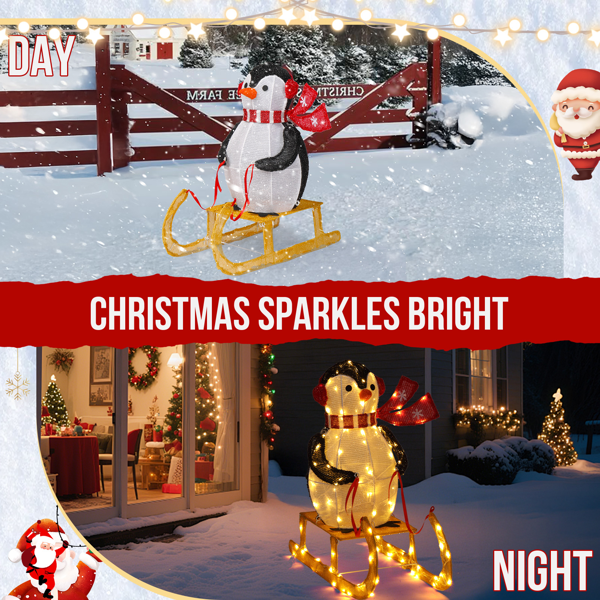 2.2ft  黑白色  蒙布 130灯暖白LED  企鹅雪橇   圣诞灯饰动物元素 30V 3.6W 美规-8