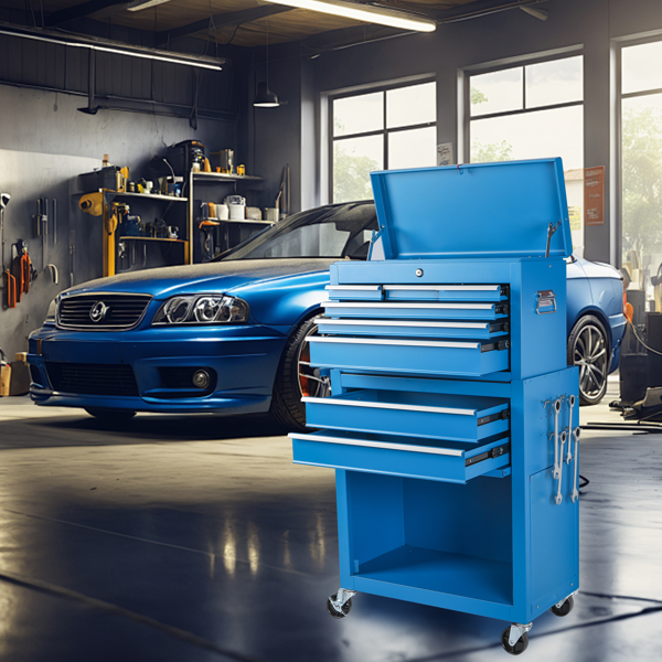 工具箱，8抽屉滚动工具储物柜，带二合一可拆卸顶部工具箱、内衬、可锁定轮子、侧钩，适用于车库的金属工具车-4