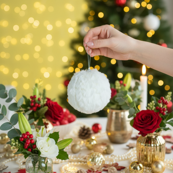 6PCS套4英寸圣诞球装饰品奶油色褶边悬挂装饰品，适合圣诞树假期家居装饰FBA发货-7