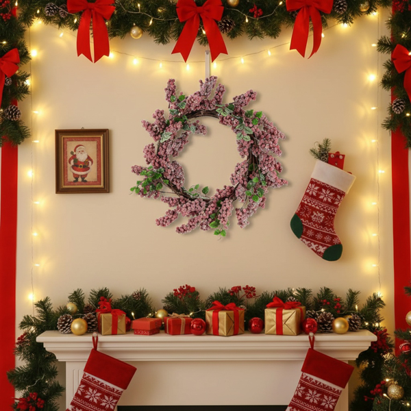 圣诞松果花环18x18x4.5“永恒的红色磨砂墙挂浆果戒指节日门装饰FBA发货-4