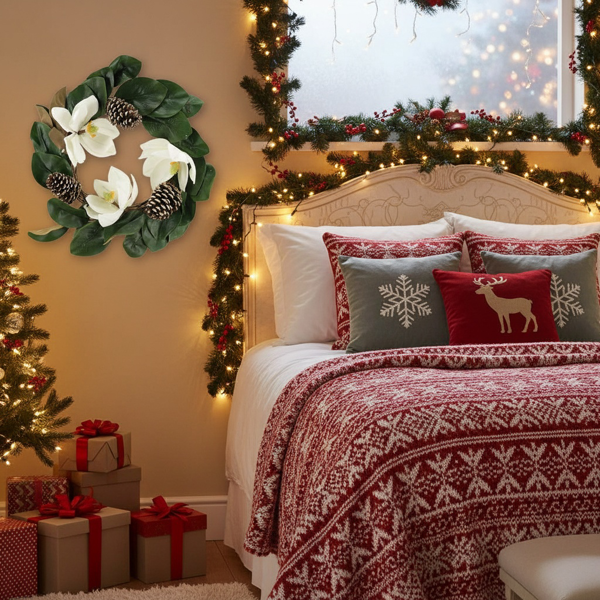 22英寸圣诞花环乳白色白玉兰优雅假日门装饰，室内外松果插花壁挂FBA发货-10