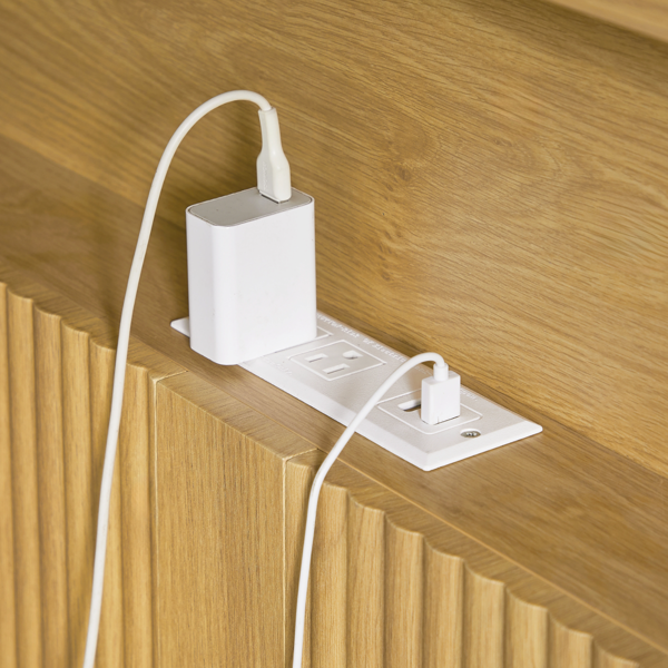 全尺寸加长（全 XL）床架，带储物床头板，内置充电站，波浪曲线设计，静音运行，金属支撑，自然-6