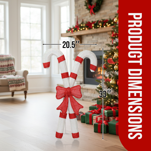 33in 白加红色 2D 拐杖糖带蝴蝶结 葱布 100L暖白皮线灯 圣诞灯饰经典元素 4.5V 3.6W 美规-6