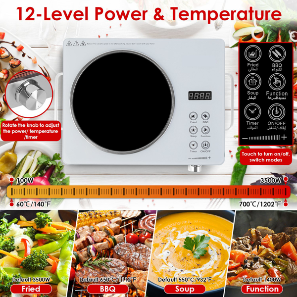 （物流随机发，自提可发加拿大）-3500W单头电炉灶 110V - 快速加热电热板，配备4种预设模式（煎炸/烧烤/炖煮/多功能），12档功率/温度调节，0-3小时定时器，便携式把手及易清洁玻璃表面，适用于宿舍/房车/露营-2