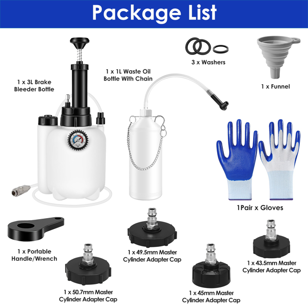 （物流随机发，自提可发加拿大）-3 升刹车放气套装 手动刹车放气真空泵工具组，含 1 升废油瓶及 4 个主缸适配器，单人操作气动刹车油抽取工具，适用于所有车型-11