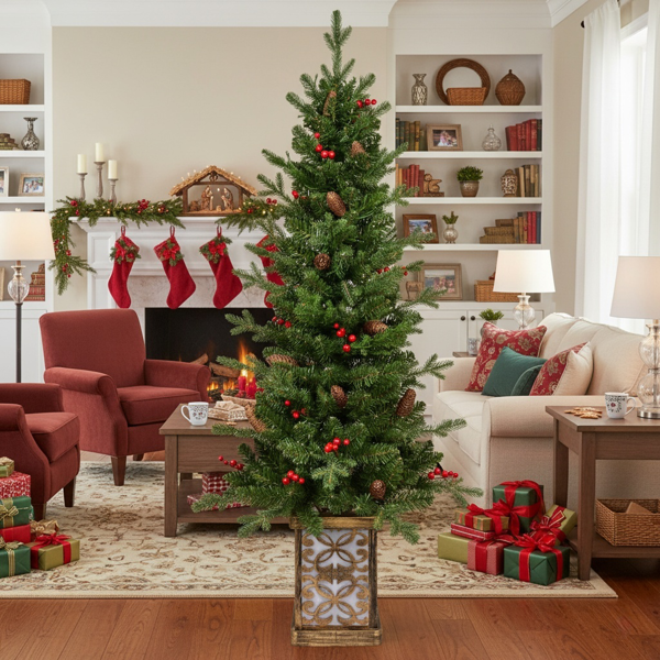 4英尺圣诞树带100个多色LED灯，预亮绿色人造植物花盆，红色浆果和松果树，PVC全枝，闪闪发光的底座照亮花盆，派对装饰FBA发货-12