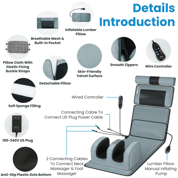 （物流随机发，自提可发加拿大）-全身振动按摩垫（含颈部及足部按摩器）- 10个按摩区域+3档腰部加热，可拆卸20节点颈部按摩器（带加热功能）及32节点足部揉捏按摩器，充气腰枕，防滑底座，10-30分钟定时器，附赠收纳袋及耳塞（理想礼品）-5