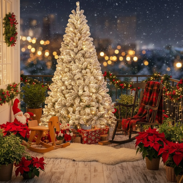 5英尺植绒圣诞树407尖端人造植物，带150个暖白色灯坚固的金属支架雪地人造树度假屋、办公室、公寓派对装饰FBA发货-4