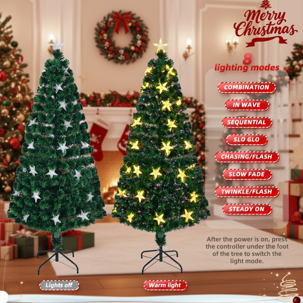 6英尺圣诞树配大星星预发光光纤人造植物树变色灯配金属支架全树家居节日派对装饰FBA发货-8