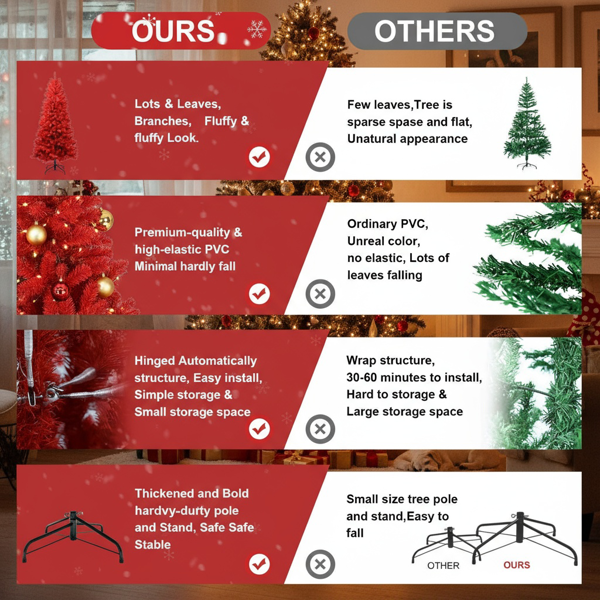 5英尺红色圣诞树624个尖端铰接树枝PVC人造植物树稳定金属支架，便于安装节日派对装饰FBA发货-8