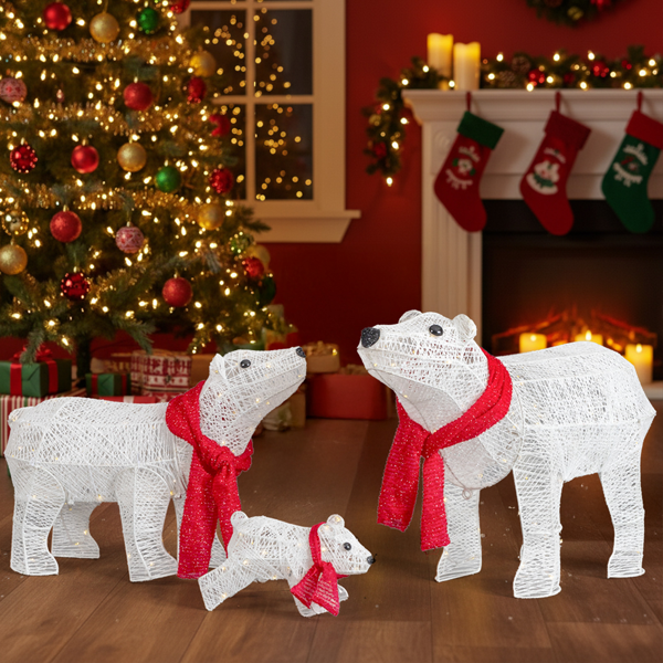 3pcs 27.5in 白色 北极熊一家 绕线撒粉 190L暖白皮线灯 圣诞灯饰动物元素 31V 3.6W 英规-9