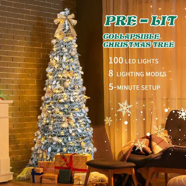 6ft 绿色植绒 伸缩圣诞树 PVC 100暖白灯8模式 带金色配饰 圣诞树 30V 3.6W 美规-15