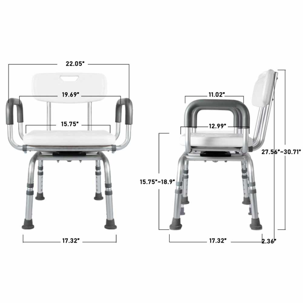 360度淋浴椅旋转椅，带扶手和靠背的便携式座椅，可调节高度的浴缸座椅-10