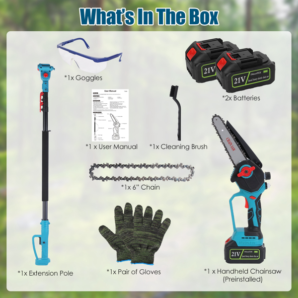 （物流随机发，自提可发加拿大）-2合1无线伸缩杆链锯及手持链锯，最大切割直径4.72英寸，配备无刷电机，5.3-7.4英尺可伸缩杆，适用于树枝/劈柴作业-5