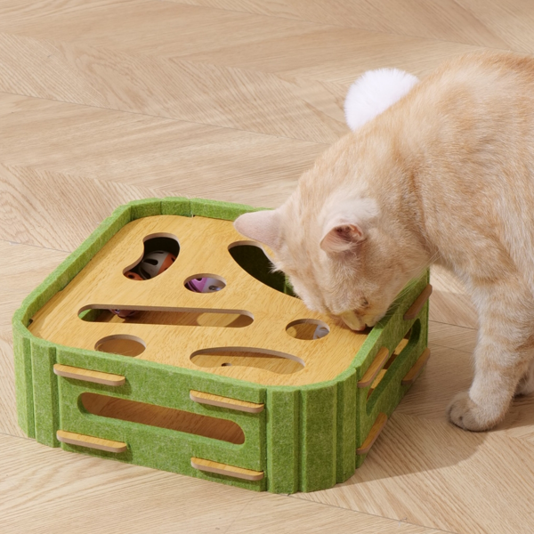 环保猫抓板玩具，带互动球，可保护小猫家具，多功能猫咪游戏板，方形设计，绿黄相间毛毡剑麻材质，尺寸小巧，30厘米x30厘米x30厘米，非常适合室内猫咪-2