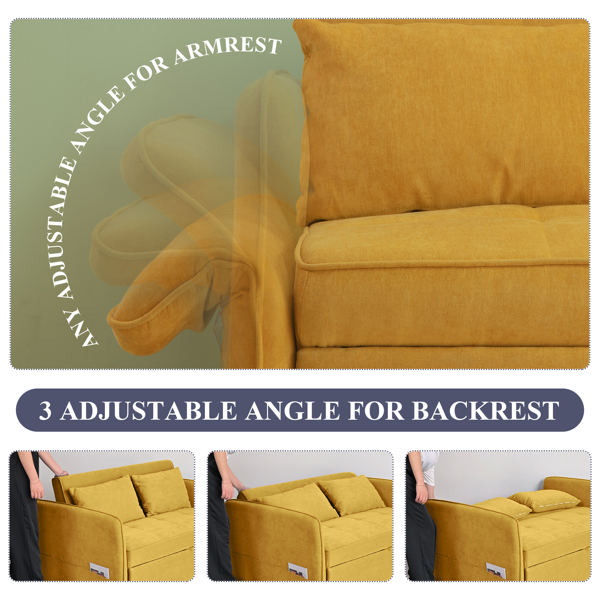 53.5英寸现代雪尼尔织物可拉出沙发床，可调节扶手的卧铺沙发沙发-黄色-7